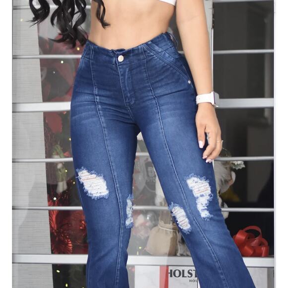 Clovix Jeans Dama WMNS Blue Tummy Control Distressed Raw Hem Wide Leg SZ US 10 - Picture 2 of 12